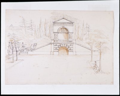 Chiswick, oromfalas kaszkád kialakítása a csatorna végén egy közúti híddal kombinálva (toll és tinta és mosás papíron) alkotó: William Kent