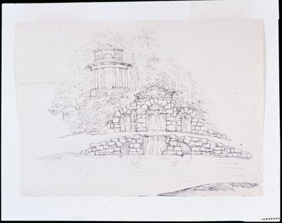 Chiswick, sziklaszó-kaszkád tervezése nyolcszögletű dór templommal a teraszon (toll és tinta ceruza fölött papíron) alkotó: William Kent