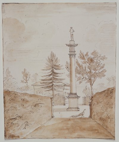 Chiswick, kilátás a dór oszlopra a Vénusz de Medici szoborral, és egy pillantás a szarvasház oldalára (toll és tinta papíron) alkotó: William Kent