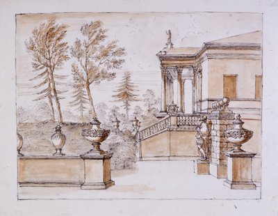 Chiswick, kilátás a villára az Inigo Jones szobor oldalán (toll és tinta, valamint átmosható ceruza papíron) alkotó: William Kent