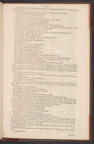 William Kidd kapitány vád alá helyezése, bíróság elé állítása és elítélése gyilkosság és kalózkodás miatt. alkotó: William Kidd