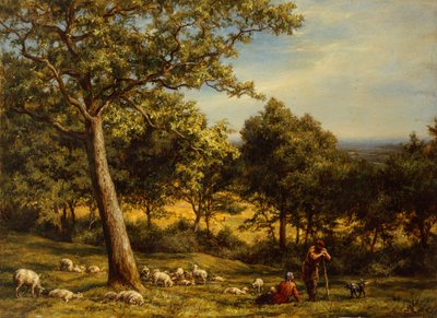 Pásztor és nyája napsütötte erdős tájon alkotó: William Linnell