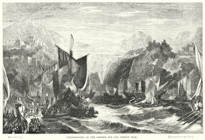 A görögök beszállása a trójai háborúba (metszet) alkotó: William Linton