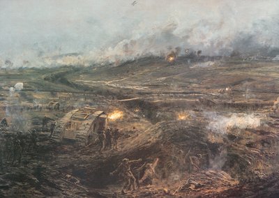 „Hajnal, 1917. november 20.” – Brit tankok hadba vonulnak a franciaországi Cambrainál alkotó: William Lionel (after) Wyllie