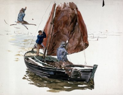 Egy férfi és egy fiú egy kis vitorlás fedélzetén. Akvarell alkotó: William Lionel Wyllie