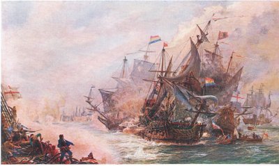 Blakes háromnapos eljegyzése Von Tromp-pal, a Cassells History of the British People-ből, amelyet a Waverley Book Company Limited adott ki, 1940 körül alkotó: William Lionel Wyllie