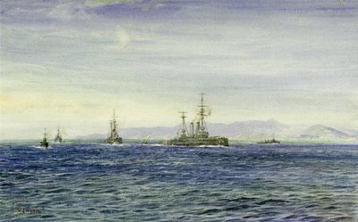 HMS "Albemarle", a Firth of Moray (Skócia), az Északi-tenger háromszög alakú bejáratánál, ez a hadihajó az első világháború alatt a Csatorna flotta járőrhajójaként szolgált, majd jégtörőként segítette az Archangel-t 1916-ban. alkotó: William Lionel Wyllie