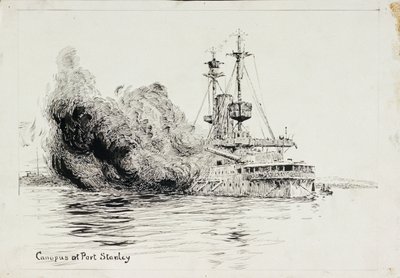 A HMS "Canopus" Port Stanley-nél, a Falkland-szigeteki csata nyitó lövéseit leadva, 1914. december 8. (toll és tinta, fekete mosással, kártyán) alkotó: William Lionel Wyllie