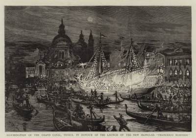 A velencei Canal Grande megvilágítása az Új Vaskalap felbocsátásának tiszteletére, Francesco Morosini alkotó: William Lionel Wyllie