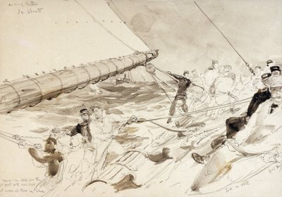 A "Meteor" német császári jacht (1902) fedélzetén, jobbra a legénység tagjai, köztük II. Vilmos német császár (Kaizer) (1859-1941) neveivel. alkotó: William Lionel Wyllie