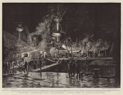 Túlóra, a HMS Magnificent befejezése, éjszakai jelenet a chathami hajógyárban alkotó: William Lionel Wyllie