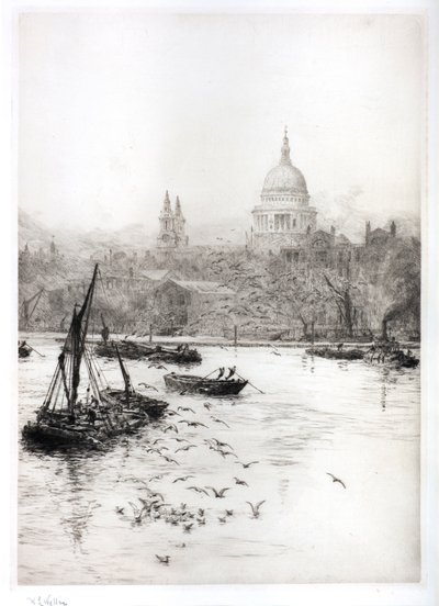 Hajózás és sirályok a St Pauls alatt (akvarell) alkotó: William Lionel Wyllie