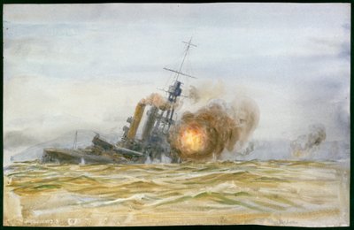 Tanulmány az egykori német "Baden" csatahajóról, amely 1921-ben tüzérségi célpontként a listára került és tűz alatt állt. alkotó: William Lionel Wyllie