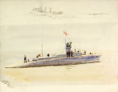 J.5 tengeralattjáró és egy másik harci hajó vázlata, 20. század eleje (akvarell, grafit) alkotó: William Lionel Wyllie