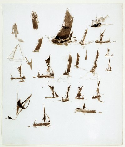 Temzén lakóhajókkal kapcsolatos tanulmányok (Anglia). William Lionel Wyllie (1851-1931) 1890 körüli jegyzetfüzetéből származó gouache. alkotó: William Lionel Wyllie