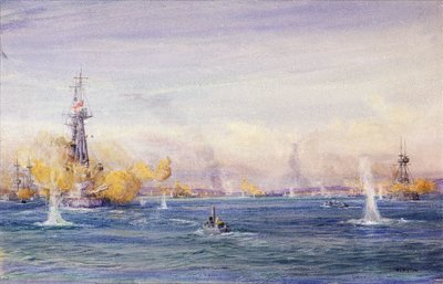 A Dardanelláknál vívott csata (1915) (Törökország), a gallipoli hadjárat során, a Márvány-tengeren. William Lionel Wyllie (1851-1931) akvarellje, 1915 körül. alkotó: William Lionel Wyllie