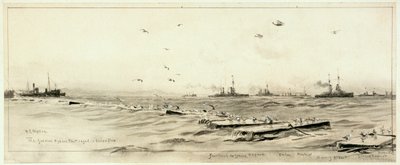A német nyílt tengeri flotta Scapában, 1918 körül (mosás, szürke, fehérrel kiemelve) alkotó: William Lionel Wyllie