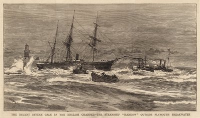 A közelmúltban történt súlyos szélütés a La Manche csatornában, a Hankow gőzhajó a Plymouth Breakwater mellett alkotó: William Lionel Wyllie