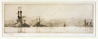 Az amerikai "New York" és "Texas" csatahajók Rosyth előtt, 1918 körül (metszet, grafittal érintve) alkotó: William Lionel Wyllie