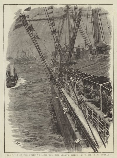 A királynő látogatása Liverpoolban, a királynő jön, csípő! Csípő! Hurrá! alkotó: William Lionel Wyllie