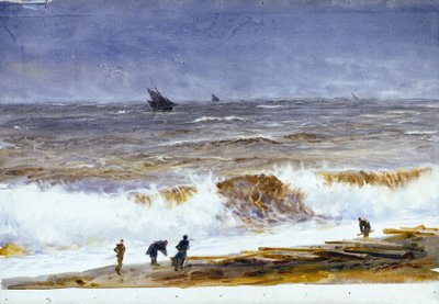 Berck-sur-Mer (Berck-sur-Mer) (Franciaország) strandja, háborgó tengerrel és a parton lévő figurákkal. William Lionel Wyllie (1851-1931) akvarellje, 1890 után. alkotó: William Lionel Wyllie