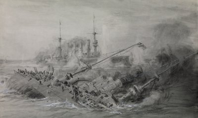 A "Scharnhorst" és a "Gneisenau" utolsó hajója; a Falkland-szigeteki csata, 1914. december 8., 16.15 körül, 1915-18 körül (mosás, szürke, fehérrel kiemelve). alkotó: William Lionel Wyllie