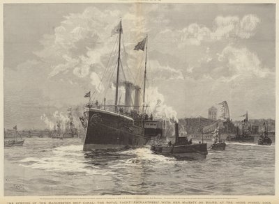 A manchesteri hajócsatorna megnyitása, a Royal Yacht Enchantress Őfelségével a fedélzeten, a Mode Wheel Lock-nál. alkotó: William Lionel Wyllie