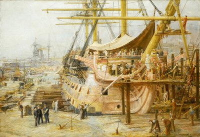 A HMS "Victory" helyreállítása a portsmouthi (Anglia) dokkok medencéjében, miután egy nagyszabású nemzeti finanszírozási akciót indítottak a hajó megmentésére a trafalgari győzelem (1805) emlékére, a hajó 1925 áprilisában került vissza a vízre. alkotó: William Lionel Wyllie