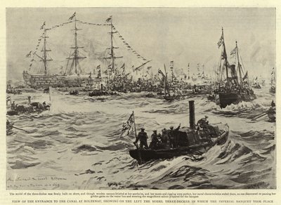 Kilátás a Holtenau-i csatorna bejáratára, bal oldalon látható a háromemeletes modell, amelyben a császári bankett zajlott alkotó: William Lionel Wyllie