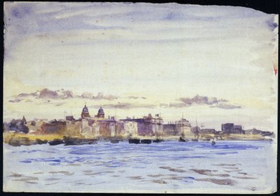 A Greenwich-i (Anglia) Királyi Tengerészeti Főiskola látképe a Temzén, naplementében, a Blackwallról (a túlpartról). William Lionel Wyllie (1851-1931) akvarellje, 20. század eleje. alkotó: William Lionel Wyllie