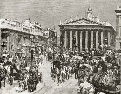 A Bank of England és a Royal Exchange a XIX. században, a "London Pictures: Drawn with Pen and Pencil", Richard Lovett tiszteletes, 1890-ben jelent meg. alkotó: William Logsdail