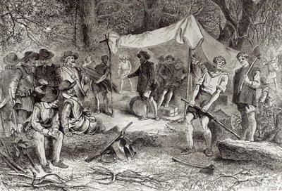 Az első nap Jamestownban, 1607. május 14., Augustus L. Mason "The Romance and Tragedy of Pioneer Life" című művéből, 1883 (metszet) (bundw fotó) alkotó: William Ludlow Sheppard