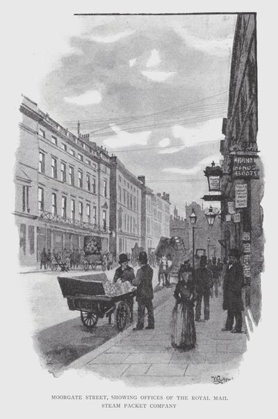 Moorgate Street, a Royal Mail Steam Packet Company irodáival (litho) alkotó: William Luker