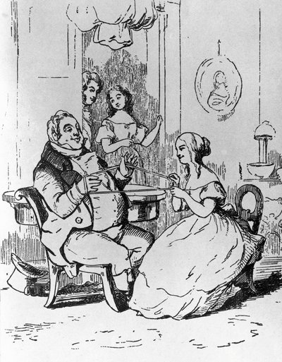 Joseph Sedley úr belegabalyodott Becky Sharpba, illusztráció a Vanity Fair 1. fejezetéhez, William Makepeace Thackeray (1811-1863) regénye, metszet William Makepeace Thackeray (1811-1863) rajza után, 1882-ben Chicagóban megjelent alkotó: William Makepeace Thackeray