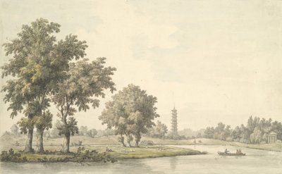 Kilátás a tóra és a szigetre a kew-i gyepről, 1763. alkotó: William Marlow