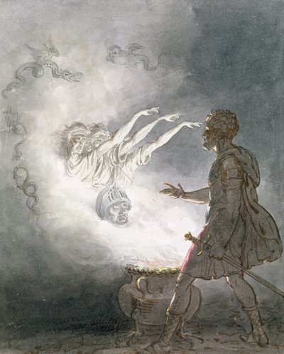 Macbeth és a fegyveres fej megjelenése, IV. felvonás, I. jelenet a „Macbeth”-ből, William Shakespeare (1564-1616) 1820 körül (wc, mosás, toll és tinta papíron) alkotó: William Marshall Craig