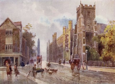 A St Botolphs-templom és a Corpus College a Pitt Press lépcsőjétől, a Trumpington Street-től alkotó: William Matthison