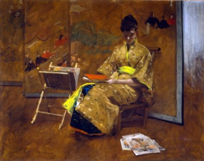 Egy lány japán ruhában. A kimonó kb. 1887. alkotó: William Merritt Chase