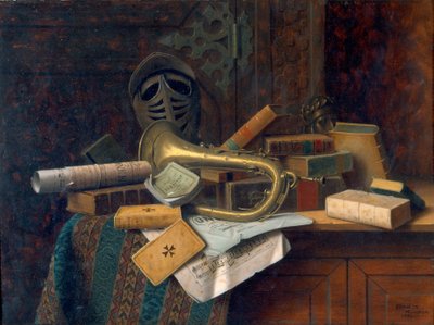 Csendélet Dante mellszobrával 1883 (Olaj, tábla) alkotó: William Michael Harnett
