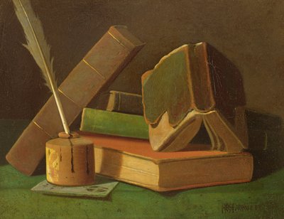 Csendélet könyvekkel és tintával jól alkotó: William Michael Harnett