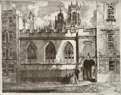 Cliffords Inn Hall és Óratorony, a St. Clement Danes Lámpás tornyával túl, 1934. alkotó: William Monk