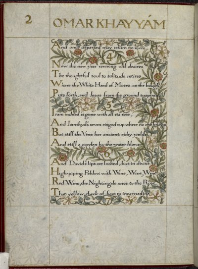 (Teljes fólió) Omar Khayyam Rubaiyat-ja, 4-6. vers. Kalligrafikusan írta és díszítette William Morris, lombos és virágos szegélyekkel. alkotó: William Morris