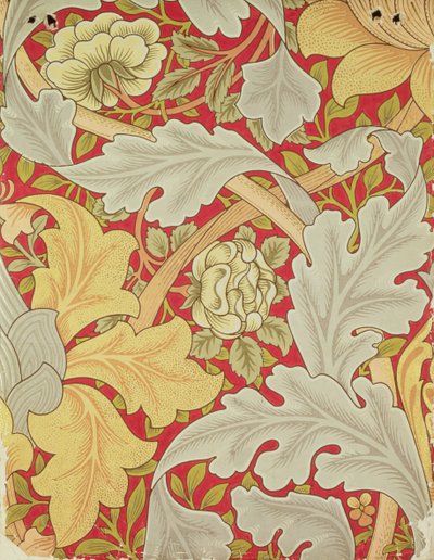 Akantusz levelek és vadrózsa bíbor alapon, tapéta design alkotó: William Morris