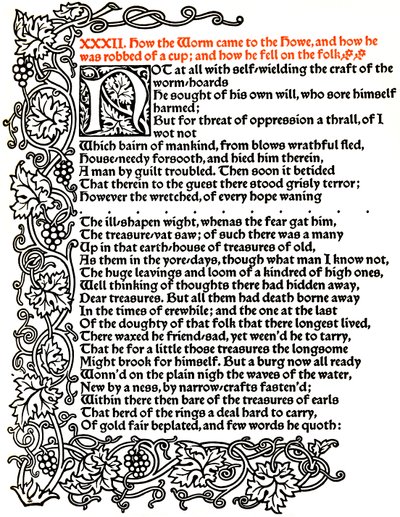 Kelmscott Press: Oldal a The Tale of Beowulfból, trója típussal nyomtatva, 1895 körül, 1914. alkotó: William Morris
