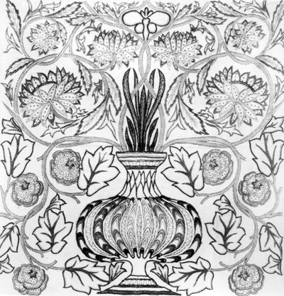 "A virágcserép", William Morris (1834-96) által tervezett és May Morris által kivitelezett hímzett panel (fekete-fehér nyomat). alkotó: William Morris