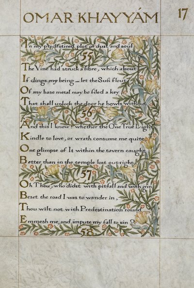 Omar Khayyam Rubaiyat-ja; 55-57. versek. Kalligrafikusan írta és díszítette William Morris, lombos és virágos szegélyekkel. alkotó: William Morris
