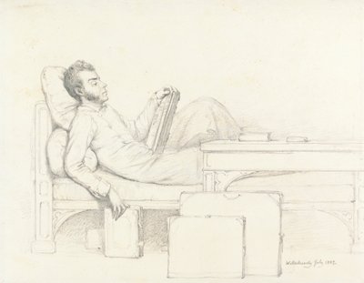 A gótikus kanapén fekvő művész önarcképe, aki könyvet olvas alkotó: William Mulready