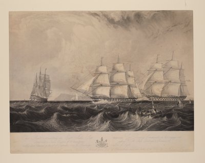 Ez a nyomat a "Vernon" nevű kelet-indiai hajót ábrázolja, Geo. Denny, parancsnok, kifelé tartó, 30 lóerős gőzgéppel felszerelt hajóját, amely 1839. szeptember 21-én a Benbridge [sic, i. alkotó: William Overend Geller