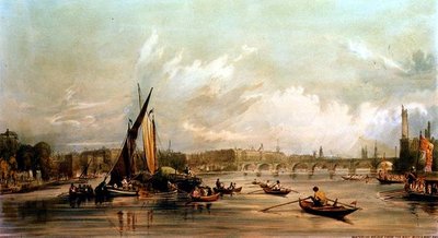 Waterloo híd nyugatról hajóversennyel (litho) alkotó: William Parrott