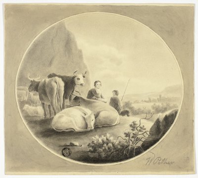 Pásztorok, tehenek és juhok a tájban alkotó: William Pether